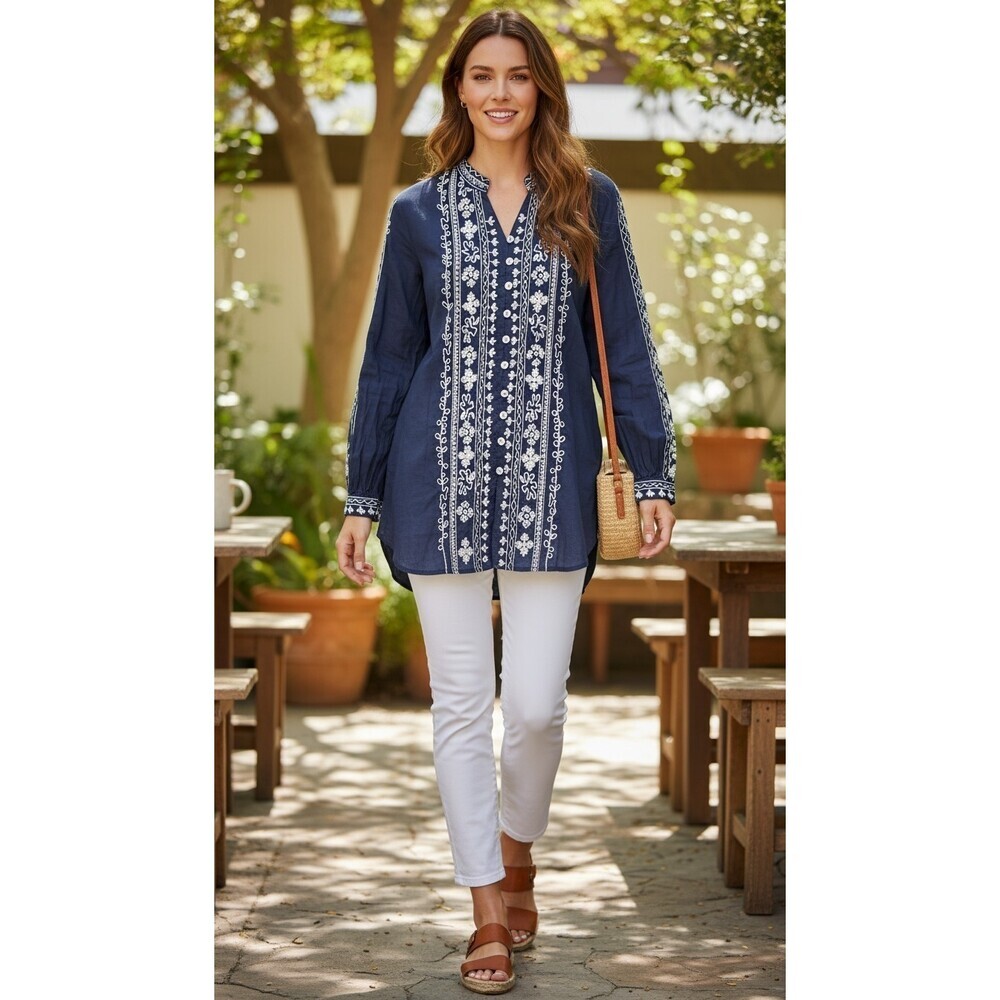 Chico's Navy Blue Embroidered Long Sleeve Tunic Size 1 Medium Cotton Blouse